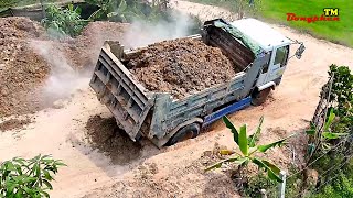 Dump Truck Wrong Technique Stuck In The Mud, First Dump Truck Filling Up Land Long & Unloading Soil