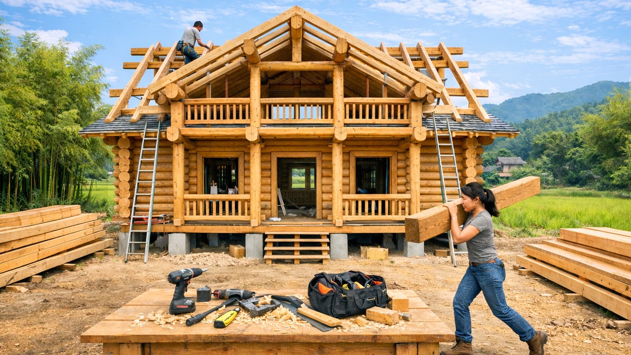 Couple together building a dream log cabin in the countryside from scratch. | by@dangthimui​