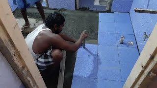 Tiles installation process on flooring in 1×1 size-using by sand and cement mortar with grout