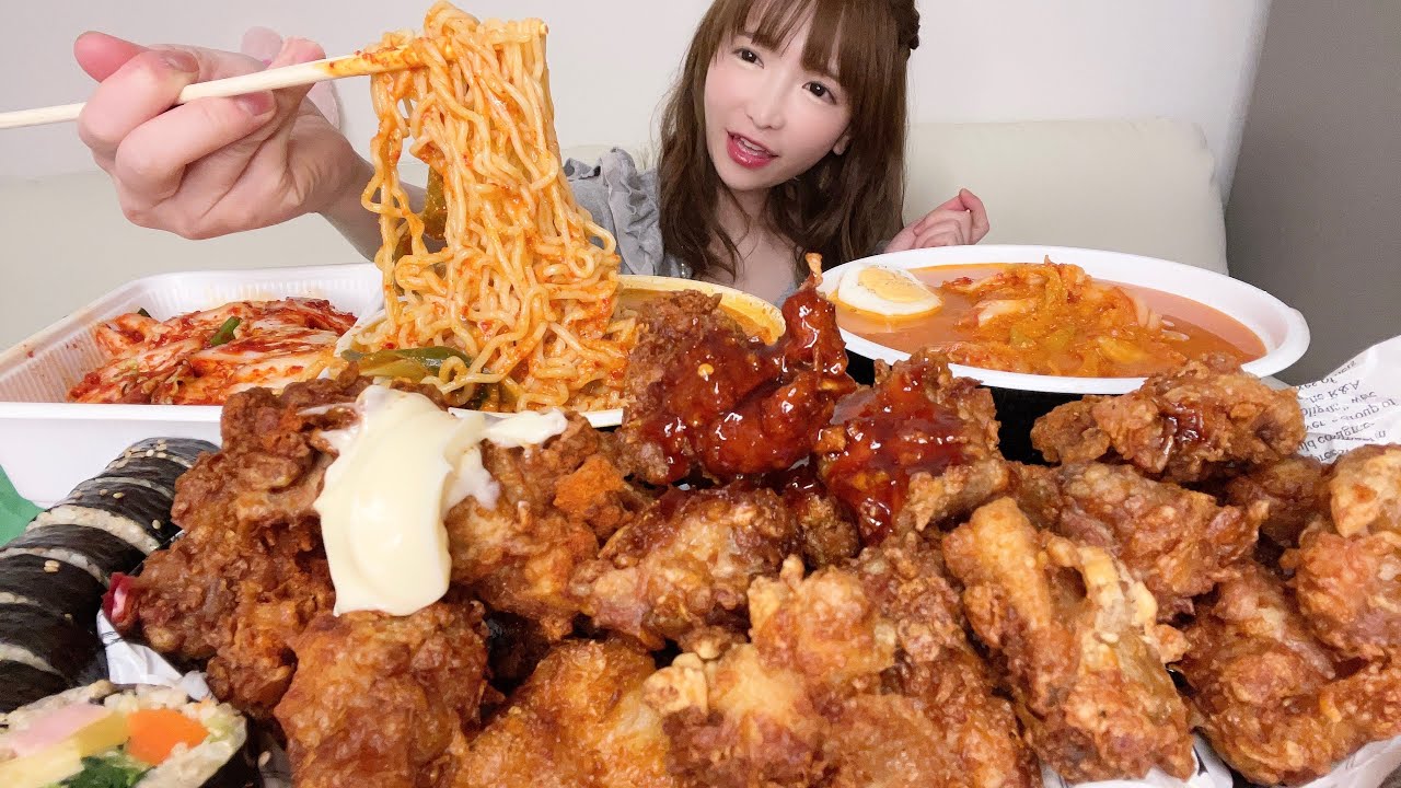 【大食い】からあげラーメン冷麺キンパ【もえあず】