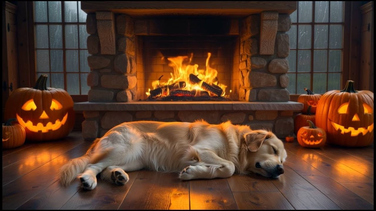 Cozy Halloween Fireplace Ambience with Sleeping Dog | Relaxing Fall Atmosphere