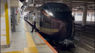 E655系が団体列車として力強い警笛を鳴らして新宿駅6番線を発車するシーン (M) 2026.4.13