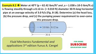 Example 8.2 Determine (a) the head loss, (b) the pressure drop, and (c) the pumping power.