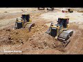 Great Action Shantui Bulldozer Heavy Working to Push Dirt and So Awesome Dump Truck Unloading Dirt