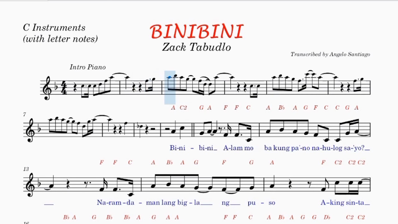 BINIBINI by Zack Tabudlo Play along sheet music for C Instruments