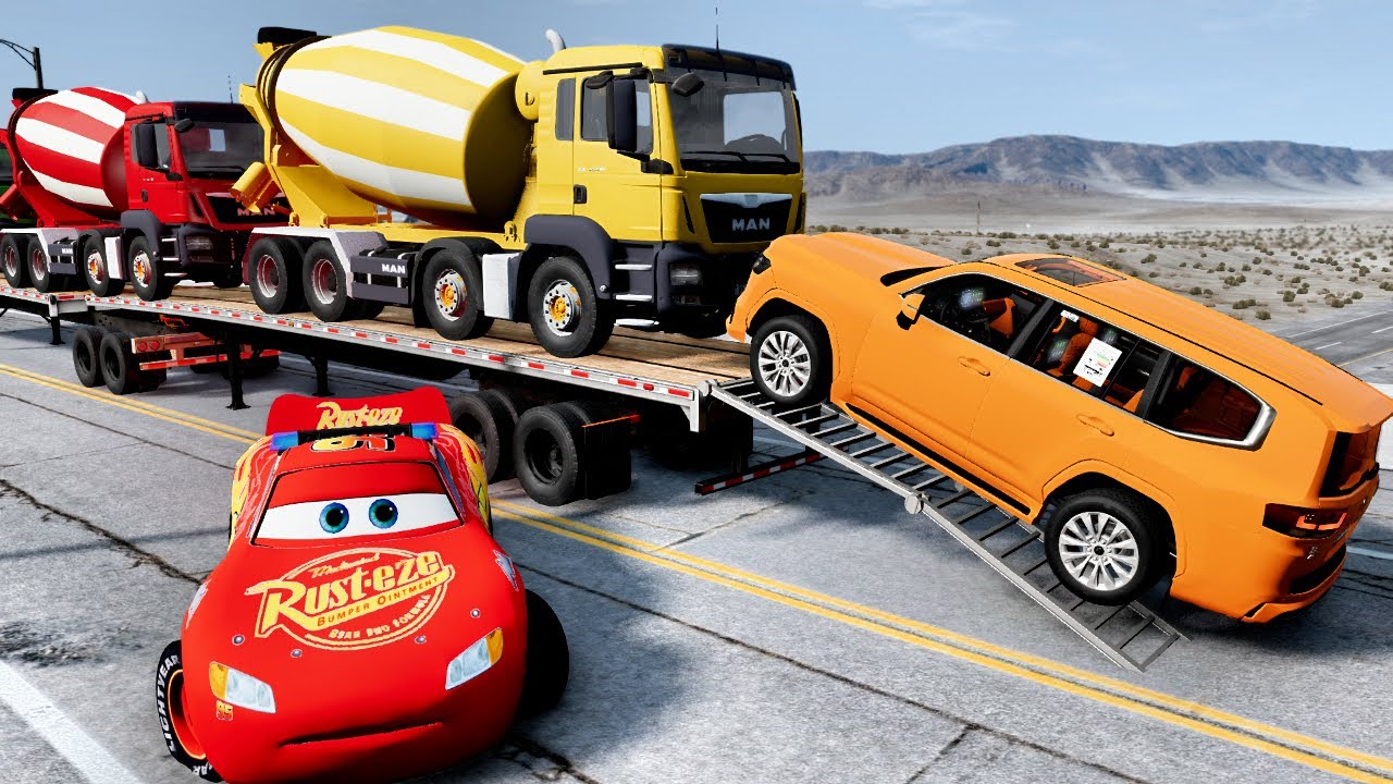 Flatbed Truck Mcqueen  Transportation with Truck   Pothole vs Car #32  BeamNG Drive
