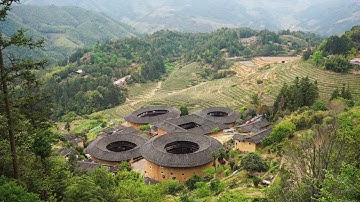 Walking tour in Tianluokeng Tulou Cluster, round and square buildings in Zhangzhou city, China, 4K