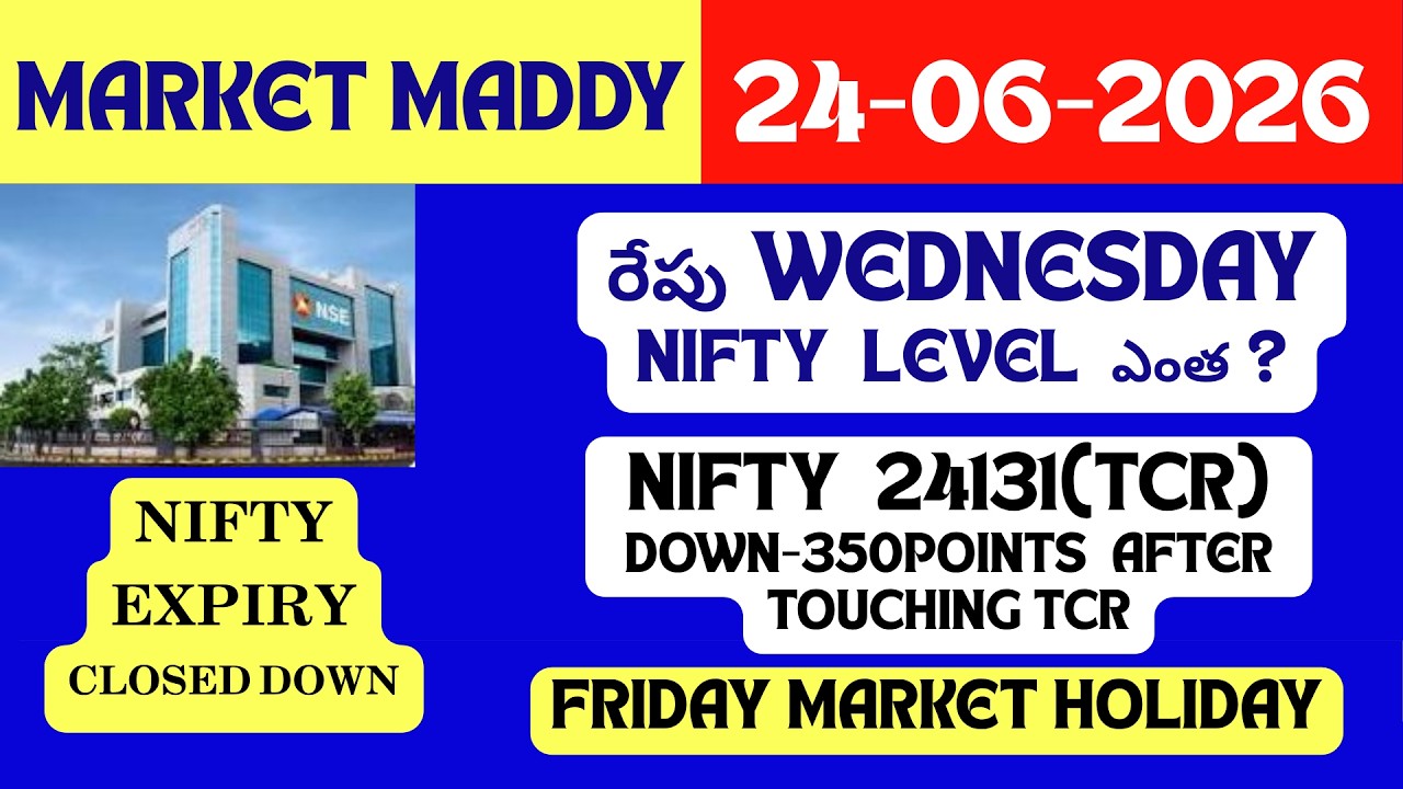 రేపు WEDNESDAYNIFTY  LEVEL  ఎంత ?NIFTY  24131(TCR) DOWN-350POINTS  AFTER TOUCHING TCR.FRIDAY HOLIDAY