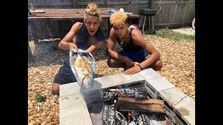 Brothers Cook HUGE Fish on a Campfire - (catch,clean,cook)