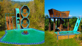 Amazing Top 2 Video! How To Build 2-Story Bamboo Resort, Swimming Pool And Water Slide By Hand Tools