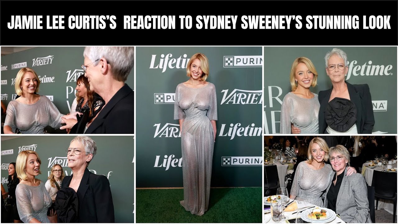 sydney sweeney silver dress jamie lee curtis Jamie Lee Curtis's Reaction to Sydney Sweeney's Sheer Silver Look at the  2025 Power of Women Gala!