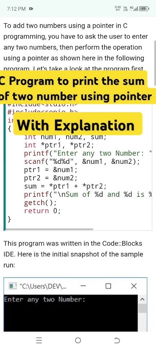 C Program to print the sum of two numbers using pointers #coding # ...