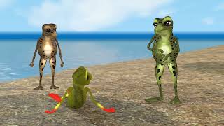 3D animated. crazy frog dance on the beach.