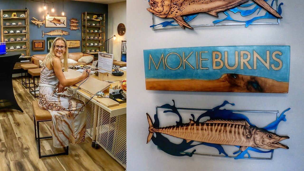 Mokie Burns studio Grand Opening {fishing Pyrography art and