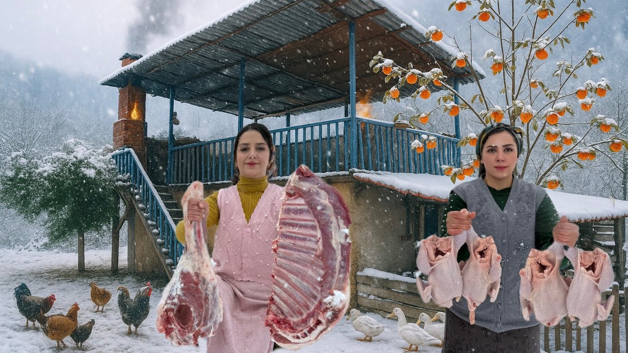 A combination of cooking in the snowy and cold weather of the village