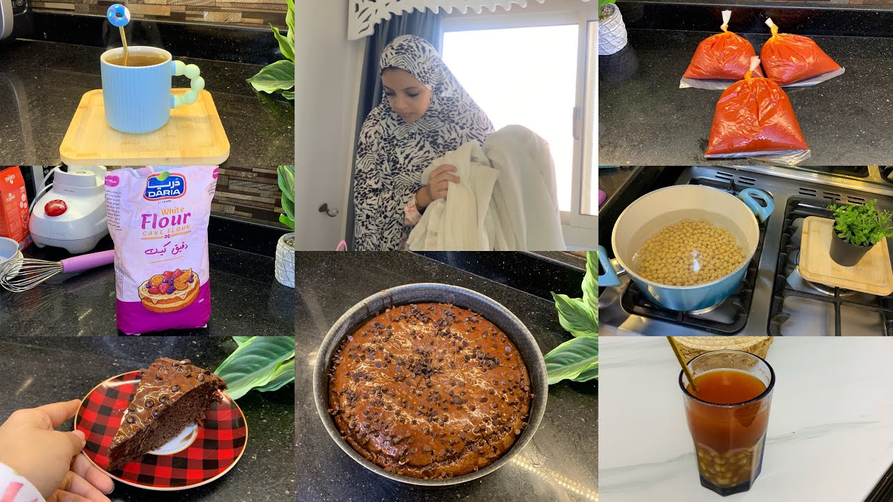 روتين يومي من أوله📻🧼اليوم كله دلع وحلويات🥳🍰طريقة الكيك بالشكولاته🍫🎂وحمص الشام🙈وتفريزات🍅💪