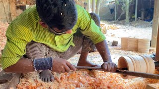 Young Man Carefully Making Wooden Mortar | Wood Carving Art