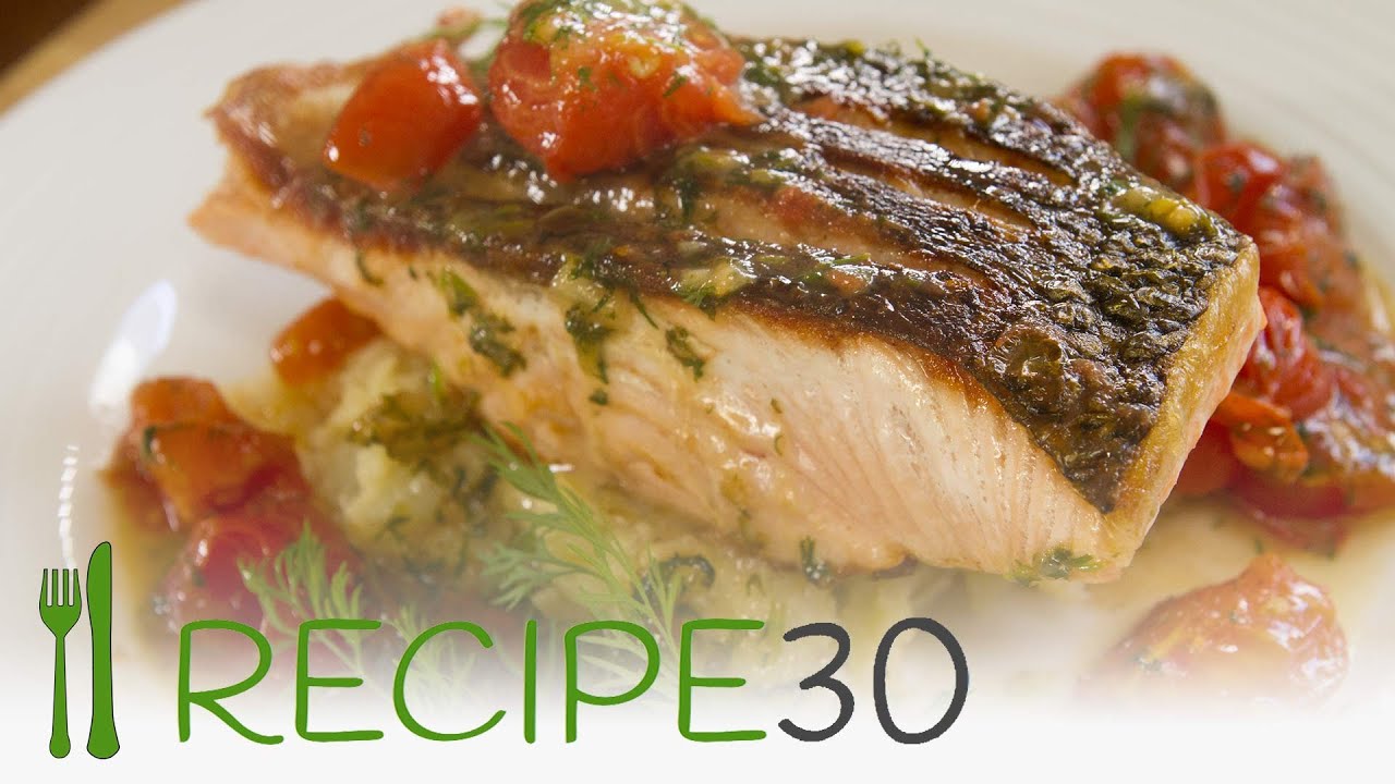 SALMON recipe with crispy skin and fresh tomato dill sauce on crushed potatoes  by recipe30.com