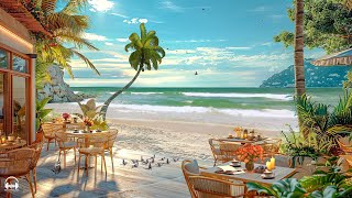 Happy Bossa Nova Jazz Music \u0026 Ocean Wave Sounds at Outdoor Seaside Cafe Ambience for Relax, Work