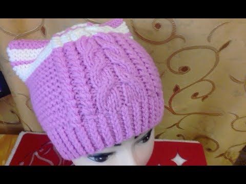 Видео вязание женской шапки кошки спицами