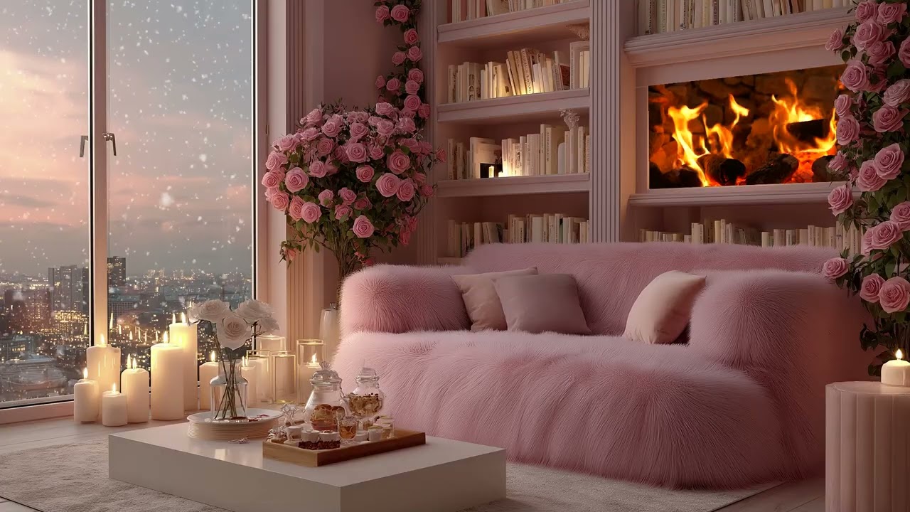 🌙🔥 Sleep Piano Winter Scene | Lounge Fireplace & Snowy Night | 3 Hours Better Sleep Study Meditation