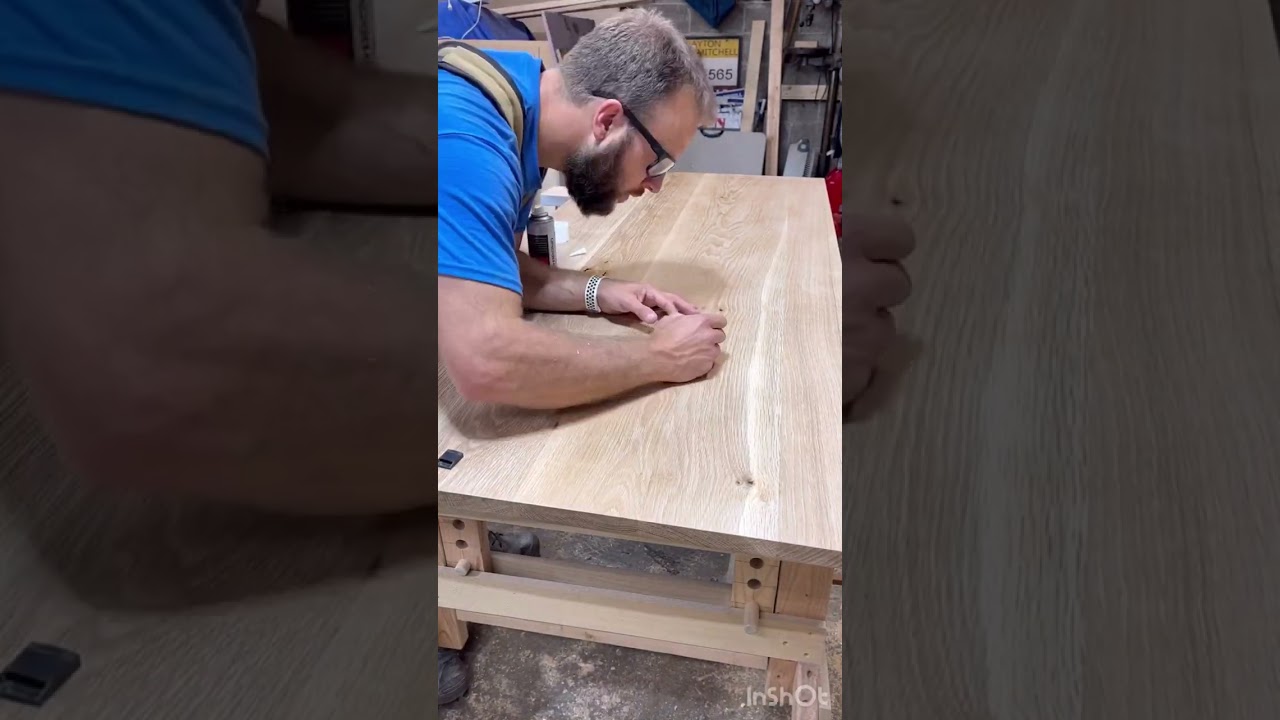 Adding some black @starbondadhesives glue on this white oak desk top! Video by: @mitchelltimberworks
