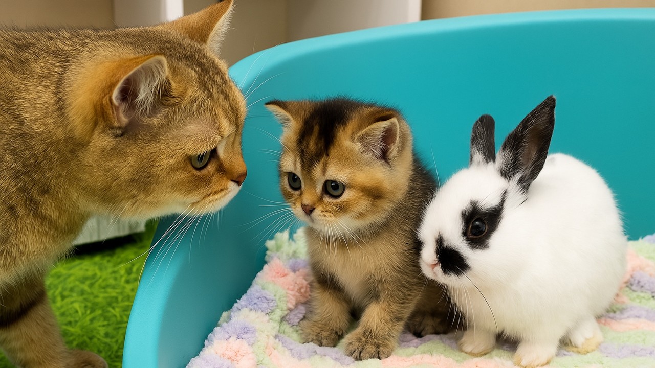 🐱 Когда мама-кошка впервые встретила крольчонка… и впала в панику! Субтитры