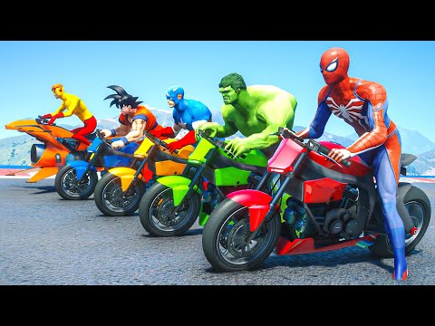 SUPERHERO Competition Challenge | Spiderman, Hulk & Goku Motorbike Jump over the Ocean #227