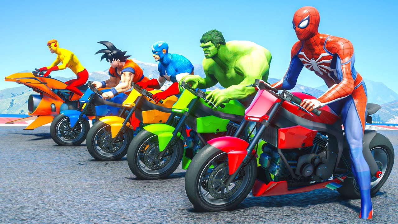 ⁣SUPERHERO Competition Challenge | Spiderman, Hulk & Goku Motorbike Jump over the Ocean #227