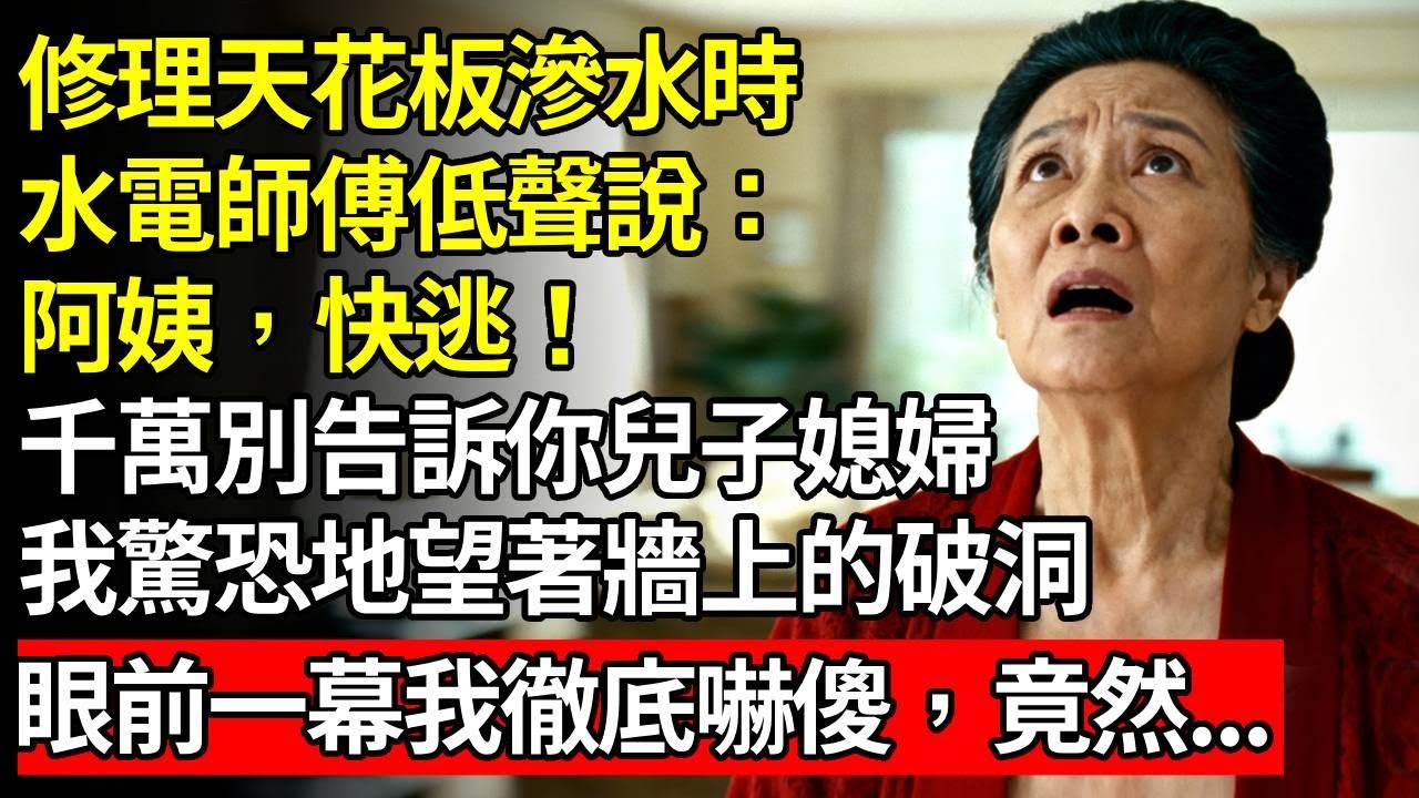 修理天花板滲水時，水電師傅低聲對我說：阿姨，快逃！千萬別告訴你兒子媳婦，我驚恐地望著牆上的破洞，眼前一幕我徹底嚇傻，竟然...#養老#退休金#不肖子孫#人間家務#夜讀人生