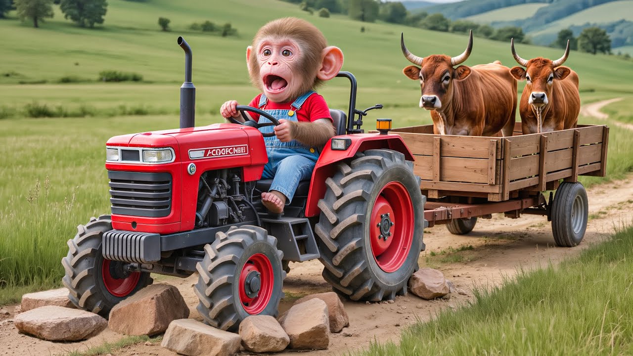 Monkey NaNa Drives a Tractor to Rescue the Cows and Faces Big Trouble Ahead!  – NANA MONKEY LIFE