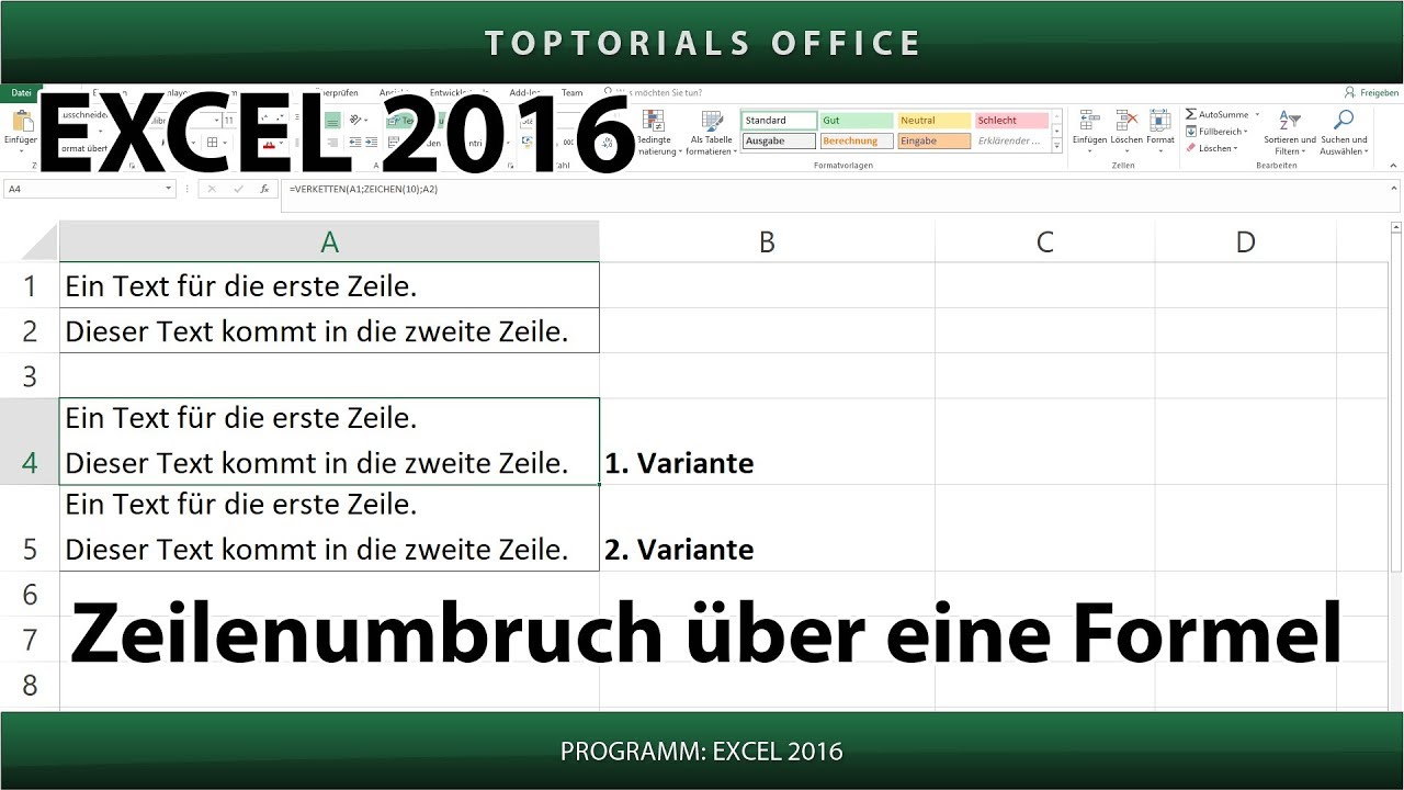 Zeilenumbruch Uber Eine Formel Hinzufugen Excel 2016 Youtube