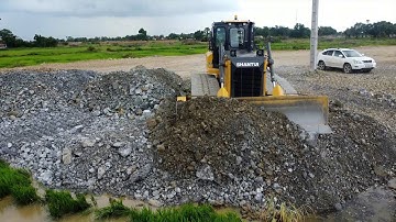 Great Landfill Task! Huge Dozer Shantui DH17C3 & 25T Dump Truck Filling Stone into Flood Canal Field