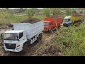 MOBIL TRUK HINO 500 DAN DUMP TRUCK FUSO TRONTON MINIATUR MUAT PASIR MELEWATI JALAN LUMPUR