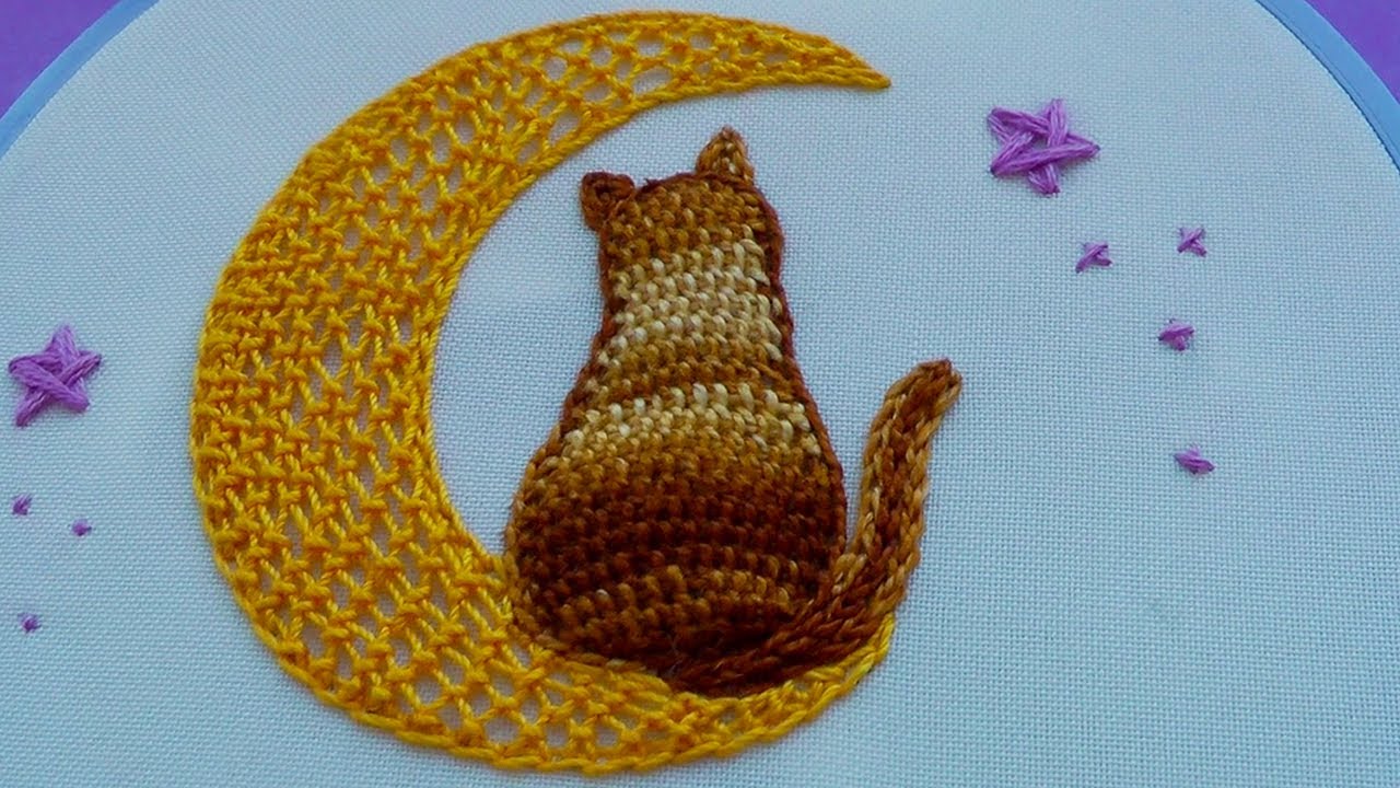 3Д Вышивка: Лунный кот| Trellis Stitch