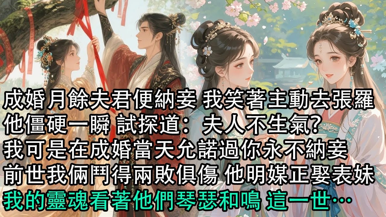 【一口氣看完】成婚月餘夫君便納妾 我笑著主動去張羅，他僵硬一瞬 試探道：夫人不生氣？我可是在成婚當天允諾過你永不納妾，前世我倆鬥得兩敗俱傷 他明媒正娶表妹，我的靈魂看著他們琴瑟和鳴 這一世…