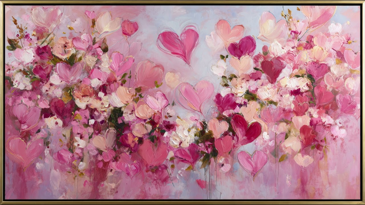 Romantic Pink Floral Heart Art in Gold Frame | Luxury TV Art Screensaver | 2 Hours 4K