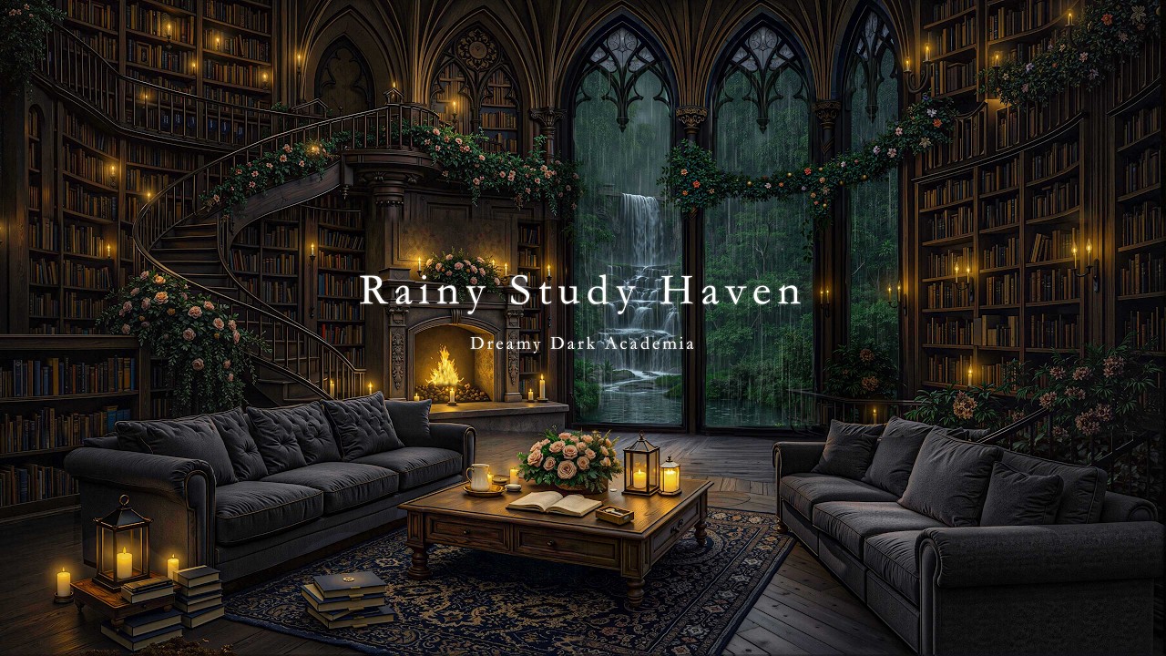 Warm Spring Rain in a Gothic Library Ambience 🌧️ Fireplace & Waterfall | Dark Academia for Study