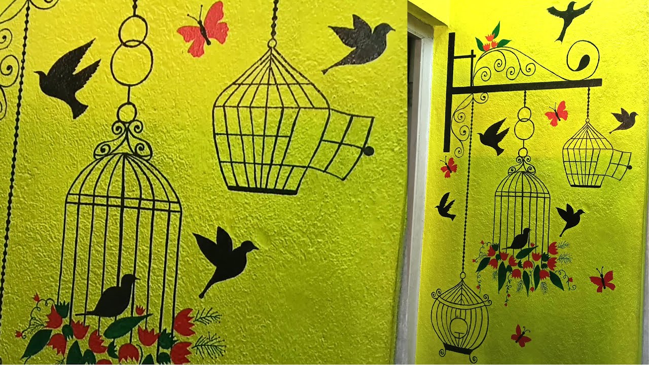 Birds and Cage Wall Painting Ideas || Beautiful Birds Wall Painting For ...