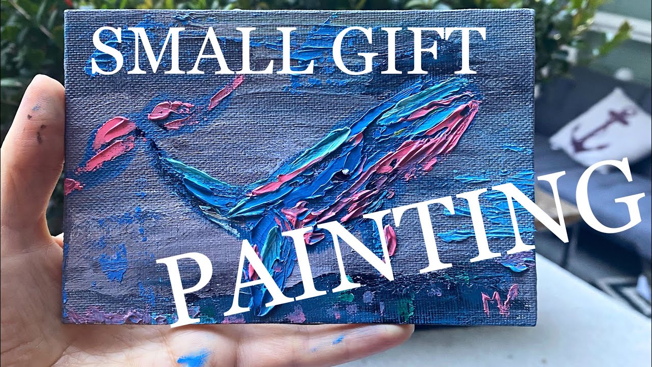 OIL ORIGINAL CANVAS PAINTING SMALL GIFT BLUE WHALE ARTWORK BY ARTIST MARGARY
