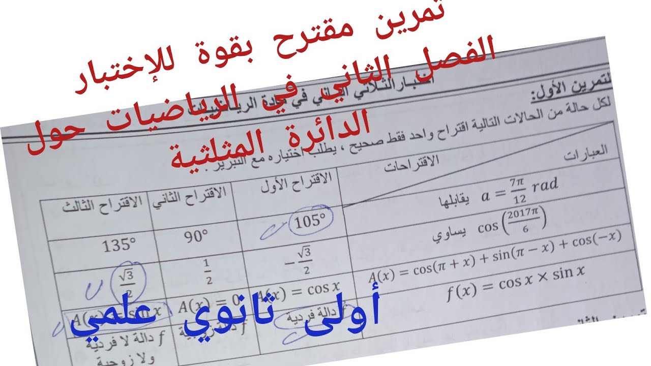 تمرين مقترح بقوة للإختبار الفصل الثاني في الرياضيات {حول الدائرة المثلثية}/للسنة أولى ثانوي علمي