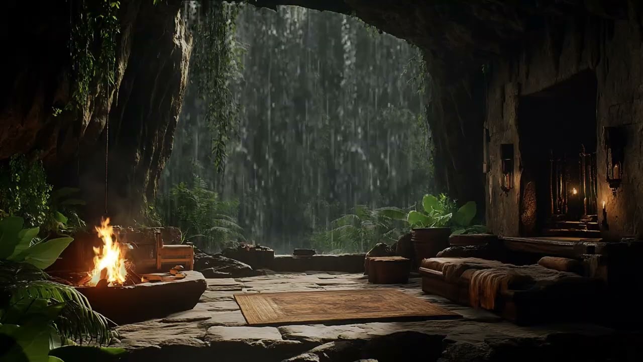 Rainy Night with Cozy Campfire in a Forest Cave | Relax Sleep Study Calm Mind