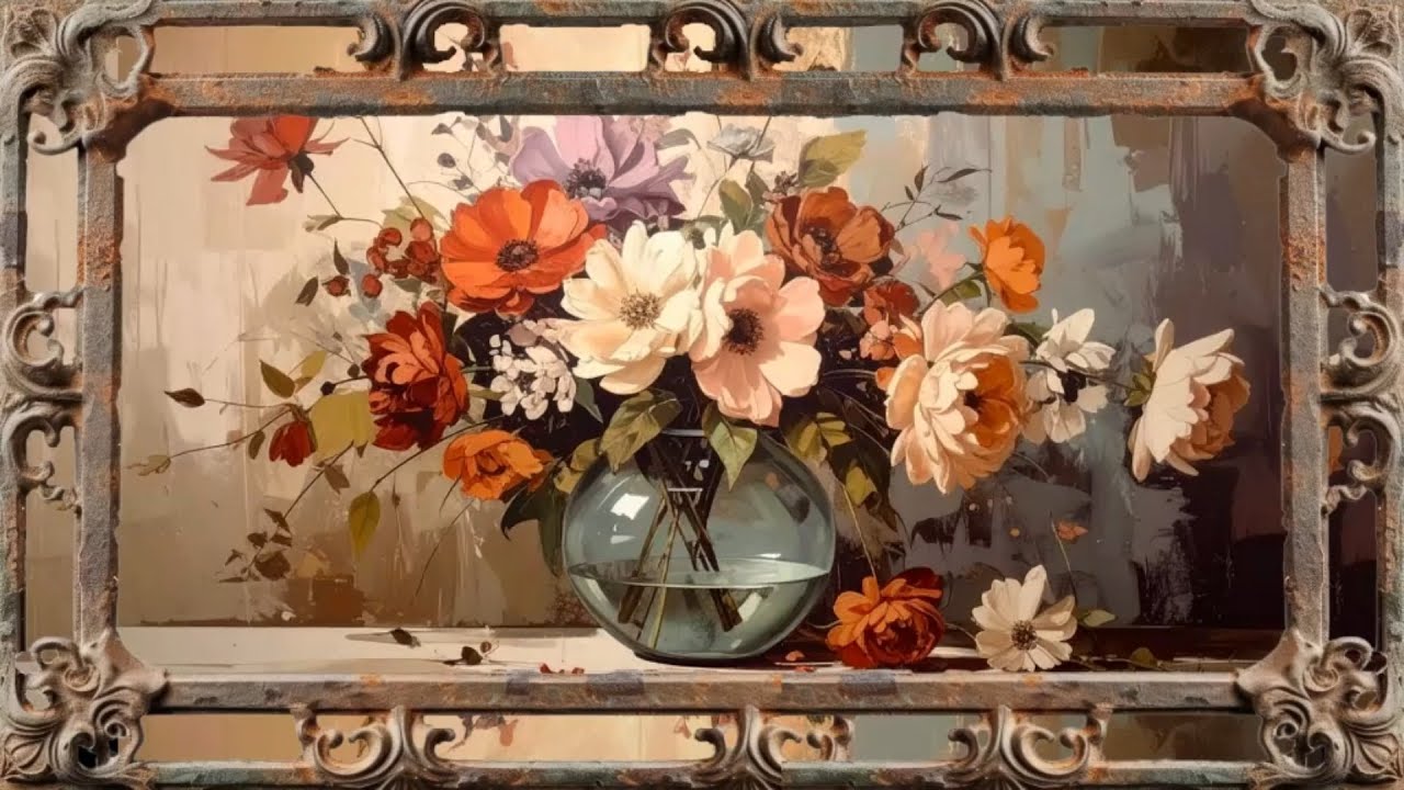 Vintage framed Flowers art screensaver with music