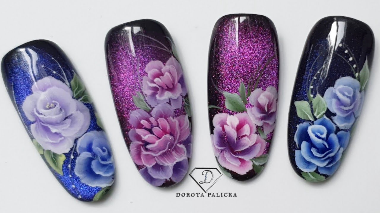 Цветы 2 уровня, выполненные одним мазком акриловыми красками и магнитным гель-лаком «кошачий глаз».