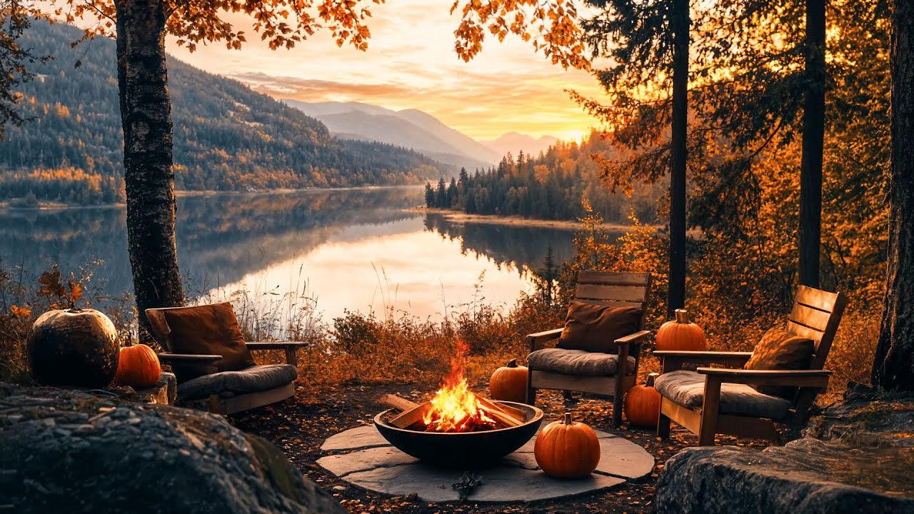 Golden Hour Lakeside Retreat: Crackling Fire and Nature Sounds For Relaxing, Study