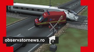 ANIMAŢIE GRAFICĂ. Ambulanţă lovită de tren. Şoferul ar fi fost orbit de farurile de pe contrasens