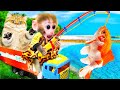 🐵Smart Monkey Baby Bi Bon and MiMi cat steal fish from Dinosaur | Animals Home Monkey Videos