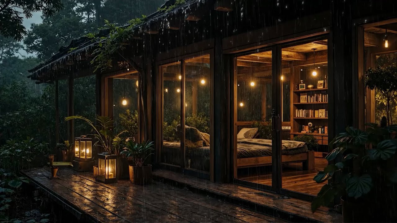 Slow Forest Rain Surrounding a Warm Wooden Cabin | Sleep Deeply • Anxiety Relief