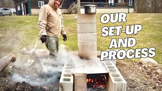 Making Maple Syrup from Start to Finish | Wood-fired Cinder block Evaporator Boiling Sap #vlog