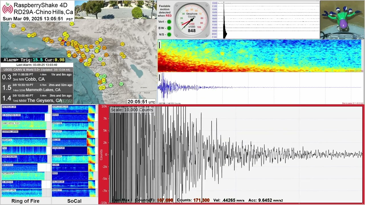 M 4.1 - 1 Malibu, CA & Aftershocks 3/9/25 - RaspberryShake 4D Seismograph (RD29A) - Chino  Hills, CA